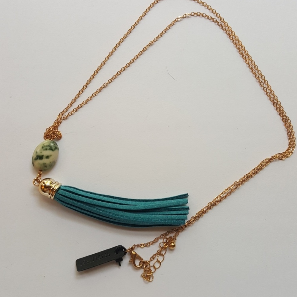 Teal leather tassel and stone necklace